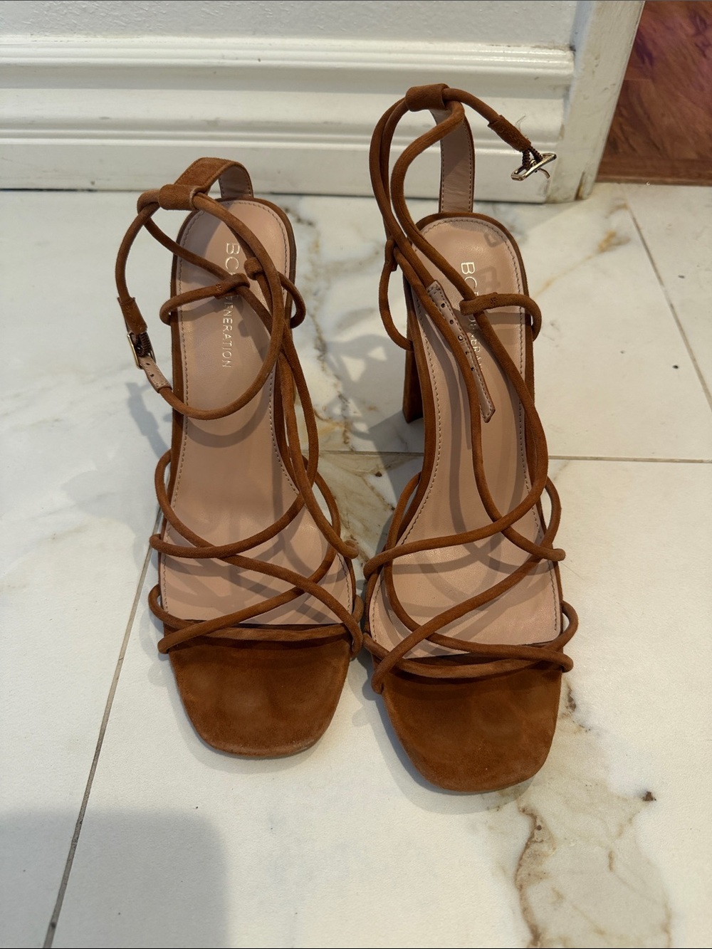 BCBGeneration Tan Suede Strappy Lace-Up High Heel Sandals